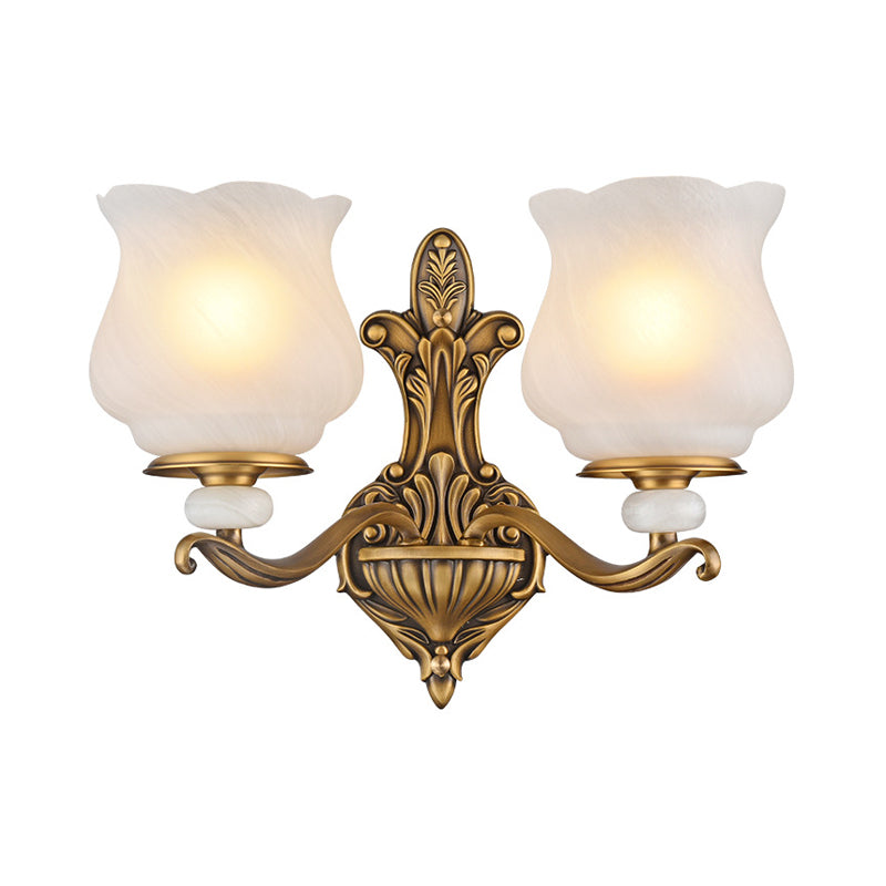 Traditional Brass Wall Sconce With Frosted Glass Shade Half Head Design