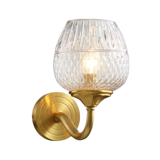 Contemporary Brass Lattice Brandy Glass Wall Sconce - Curved Arm Single Mounted Lamp