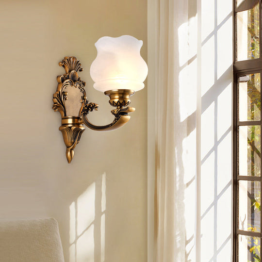 Traditional Milky Glass Wall Mount Lamp With Petal Shade - Brass Finish 1 /