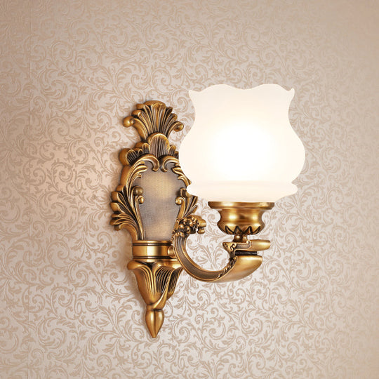 Traditional Milky Glass Wall Mount Lamp With Petal Shade - Brass Finish