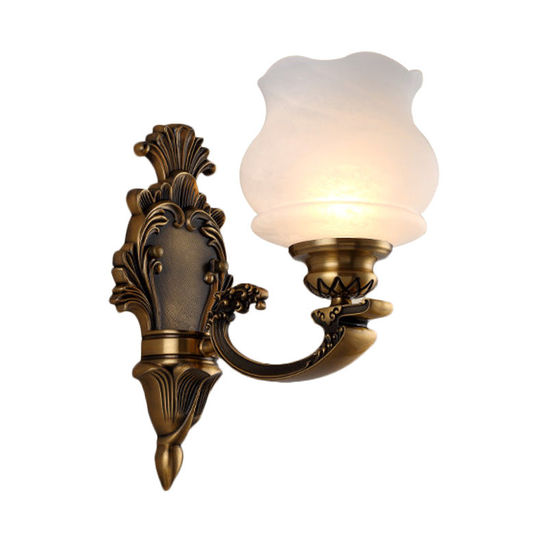 Traditional Milky Glass Wall Mount Lamp With Petal Shade - Brass Finish