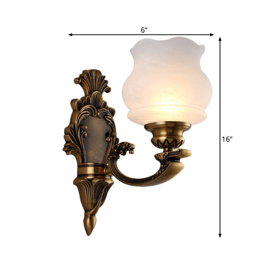 Traditional Milky Glass Wall Mount Lamp With Petal Shade - Brass Finish