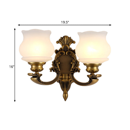 Traditional Milky Glass Wall Mount Lamp With Petal Shade - Brass Finish