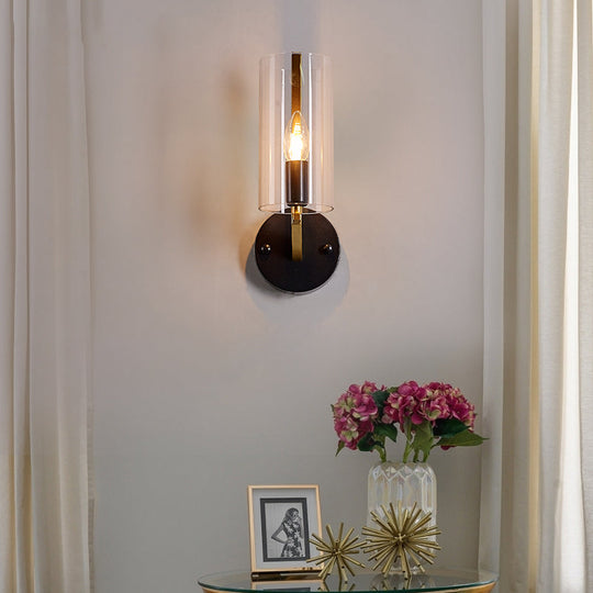 Retro Black Tube Wall Light With Transparent Glass Sconce - Brass Arm Fixture