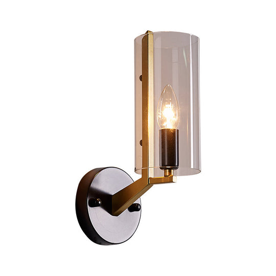 Retro Black Tube Wall Light With Transparent Glass Sconce - Brass Arm Fixture