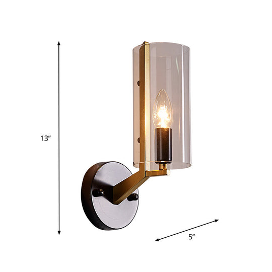 Retro Black Tube Wall Light With Transparent Glass Sconce - Brass Arm Fixture