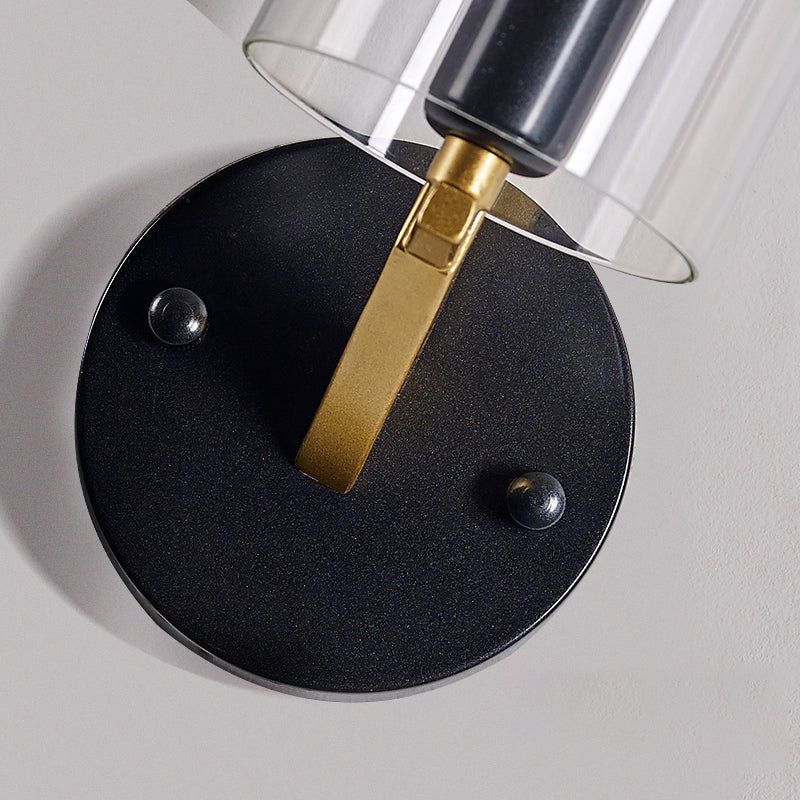 Retro Black Tube Wall Light With Transparent Glass Sconce - Brass Arm Fixture