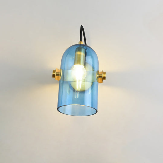 Cloche Sconce Light With Amber/Blue/Smoke Gray Glass In Retro Brass Finish - Bedroom Wall Mount