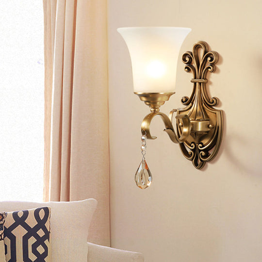 Vintage-Style White Glass Bell Wall Sconce Light With Brass Finish And Crystal Accent For Bedroom