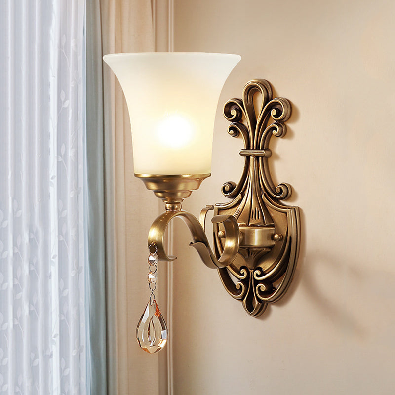 Vintage-Style White Glass Bell Wall Sconce Light With Brass Finish And Crystal Accent For Bedroom