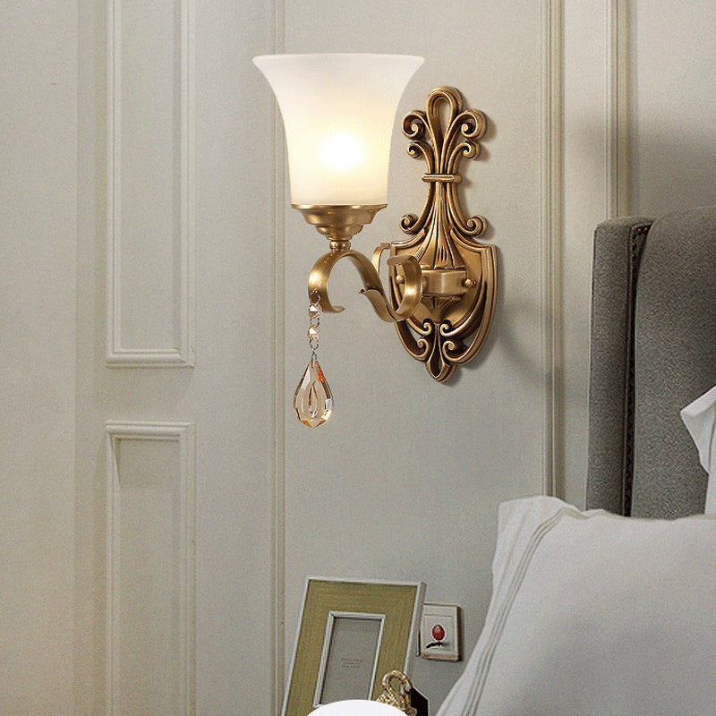 Vintage-Style White Glass Bell Wall Sconce Light With Brass Finish And Crystal Accent For Bedroom