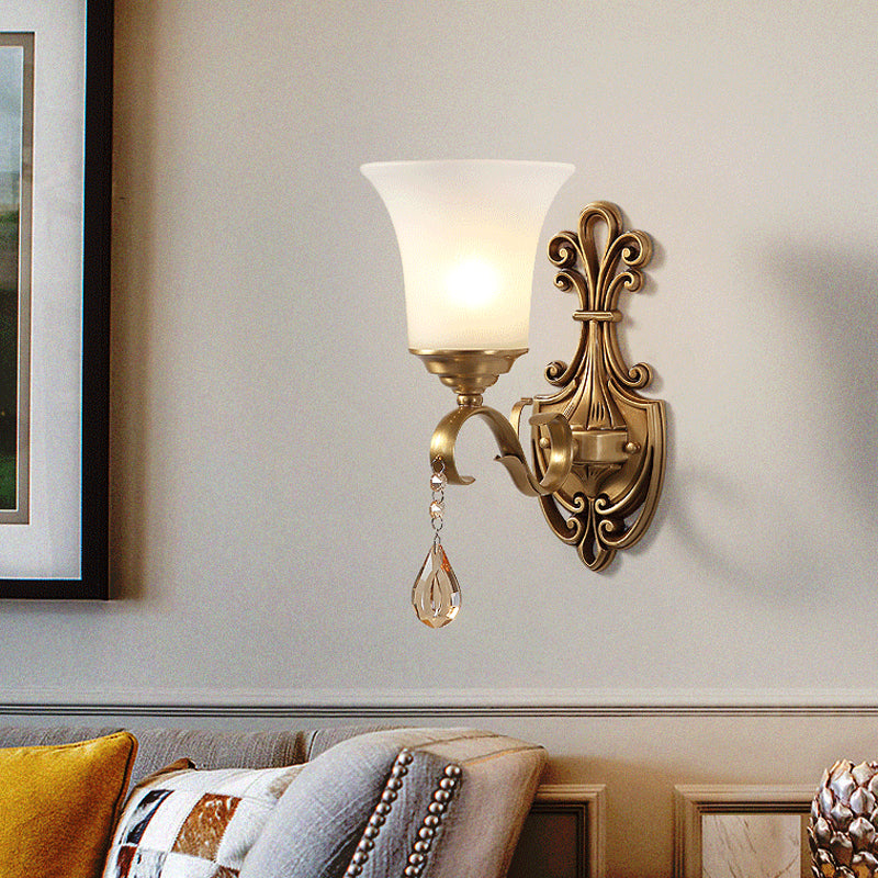 Vintage-Style White Glass Bell Wall Sconce Light With Brass Finish And Crystal Accent For Bedroom