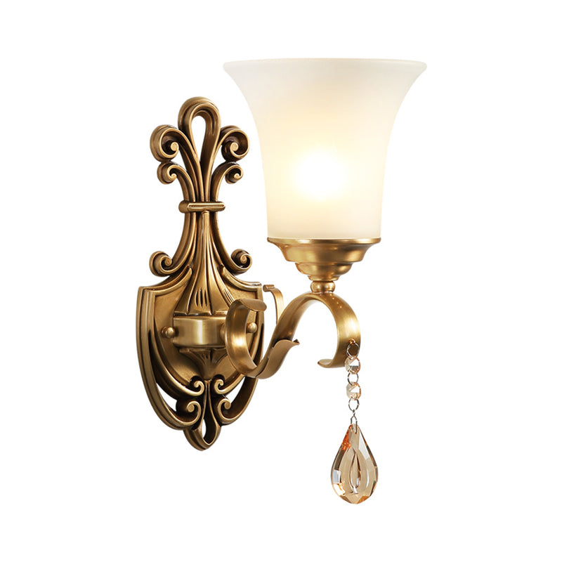 Vintage-Style White Glass Bell Wall Sconce Light With Brass Finish And Crystal Accent For Bedroom