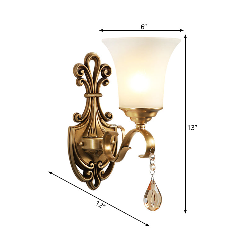 Vintage-Style White Glass Bell Wall Sconce Light With Brass Finish And Crystal Accent For Bedroom