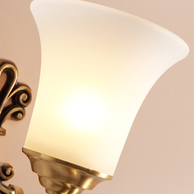 Vintage-Style White Glass Bell Wall Sconce Light With Brass Finish And Crystal Accent For Bedroom