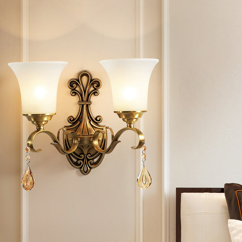 Vintage-Style White Glass Bell Wall Sconce Light With Brass Finish And Crystal Accent For Bedroom 2