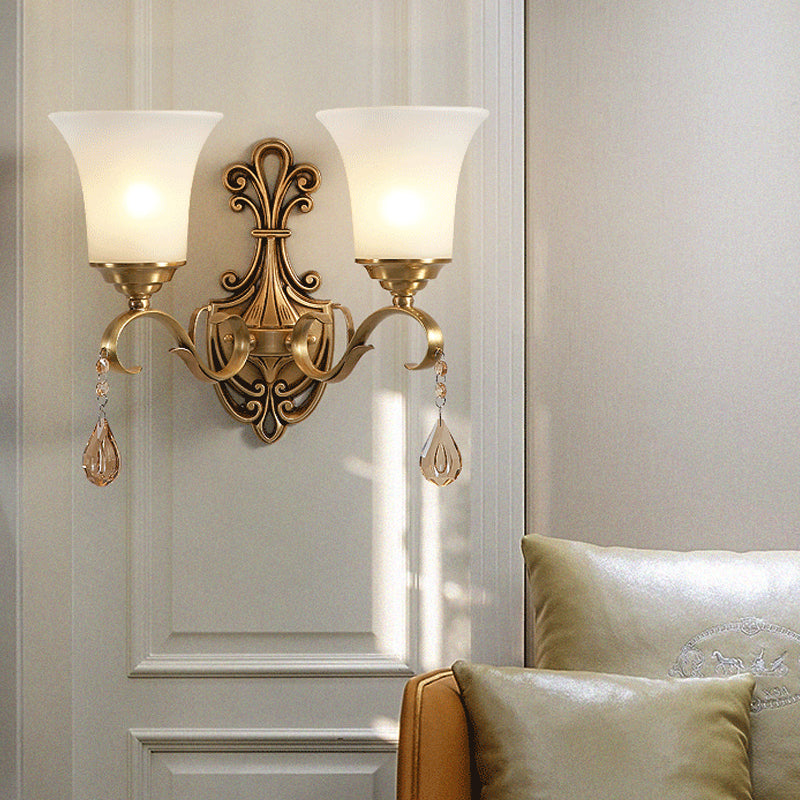 Vintage-Style White Glass Bell Wall Sconce Light With Brass Finish And Crystal Accent For Bedroom