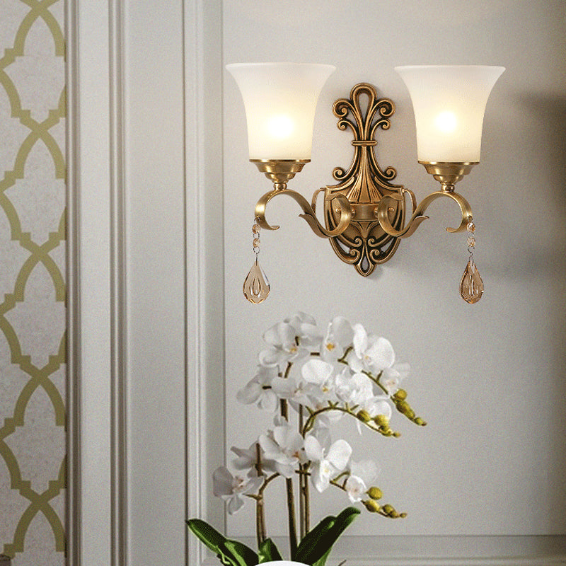 Vintage-Style White Glass Bell Wall Sconce Light With Brass Finish And Crystal Accent For Bedroom