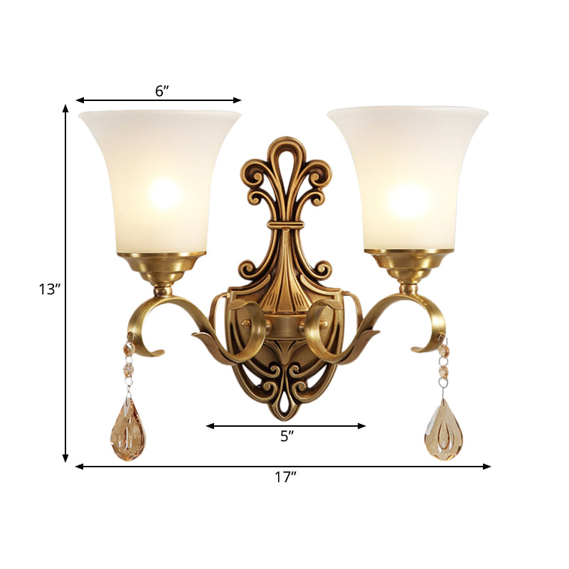 Vintage-Style White Glass Bell Wall Sconce Light With Brass Finish And Crystal Accent For Bedroom