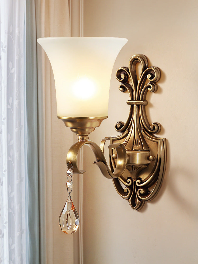 Vintage-Style White Glass Bell Wall Sconce Light With Brass Finish And Crystal Accent For Bedroom 1