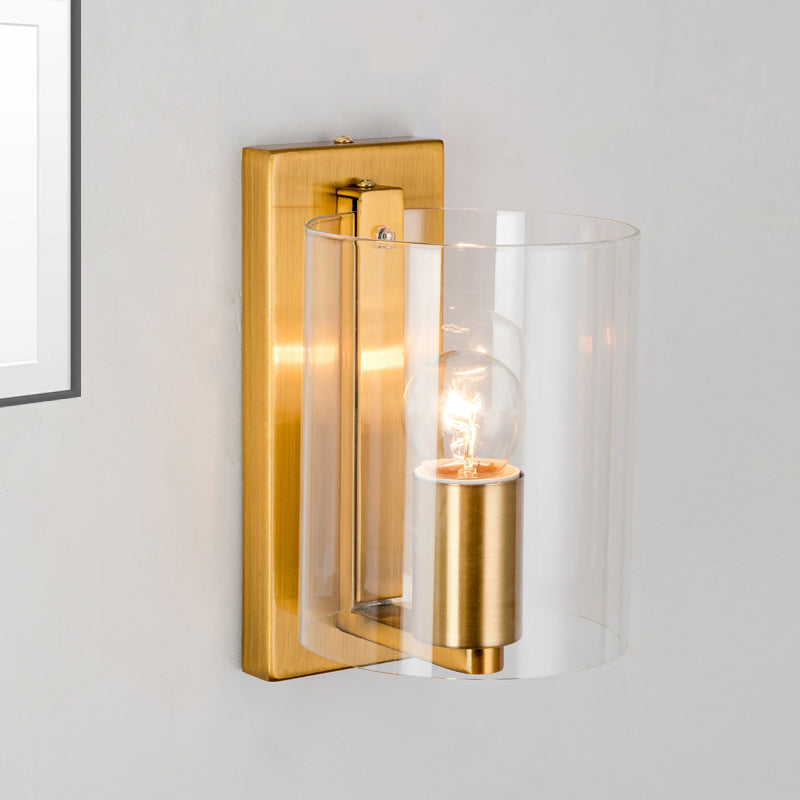 Post Modern Brass Finish Wall Lamp With Clear/Textured White Glass - Cylindric Sconce Design (1