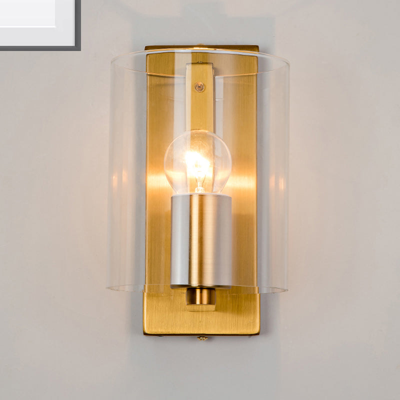 Post Modern Brass Finish Wall Lamp With Clear/Textured White Glass - Cylindric Sconce Design (1