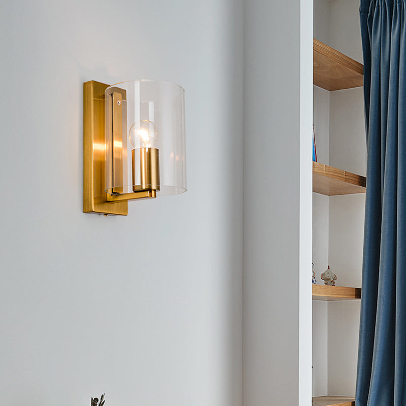 Post Modern Brass Finish Wall Lamp With Clear/Textured White Glass - Cylindric Sconce Design (1