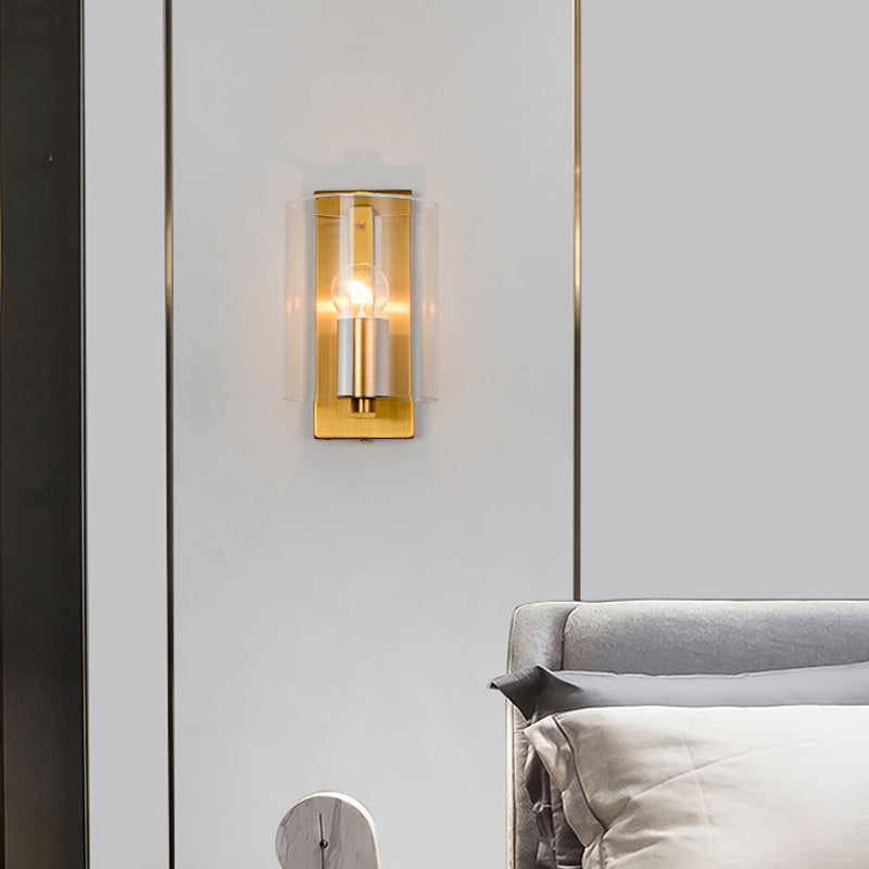 Post Modern Brass Finish Wall Lamp With Clear/Textured White Glass - Cylindric Sconce Design (1