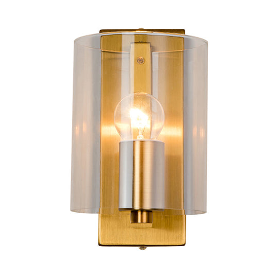 Post Modern Brass Finish Wall Lamp With Clear/Textured White Glass - Cylindric Sconce Design (1