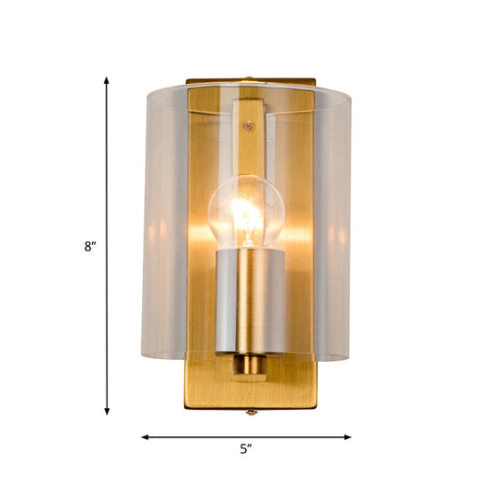 Post Modern Brass Finish Wall Lamp With Clear/Textured White Glass - Cylindric Sconce Design (1