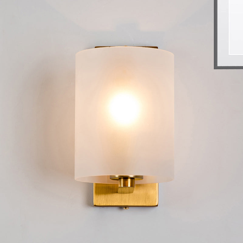 Post Modern Brass Finish Wall Lamp With Clear/Textured White Glass - Cylindric Sconce Design (1