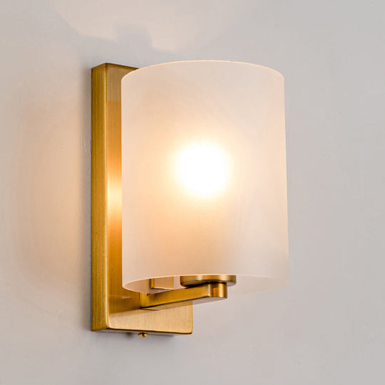 Post Modern Brass Finish Wall Lamp With Clear/Textured White Glass - Cylindric Sconce Design (1