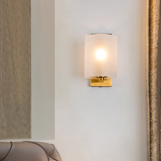 Post Modern Brass Finish Wall Lamp With Clear/Textured White Glass - Cylindric Sconce Design (1