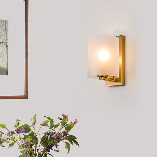 Post Modern Brass Finish Wall Lamp With Clear/Textured White Glass - Cylindric Sconce Design (1