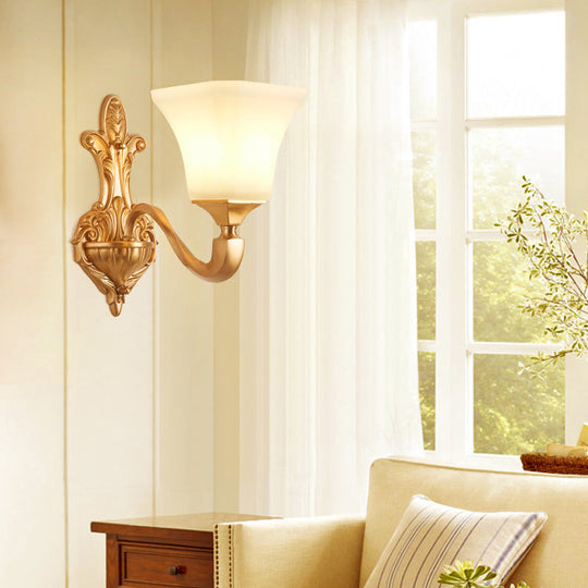 Traditional Half-Bulb Brass Wall Sconce With Bell Shade & Frosted Glass 1 /