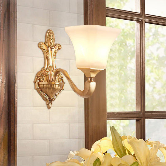 Traditional Half-Bulb Brass Wall Sconce With Bell Shade & Frosted Glass