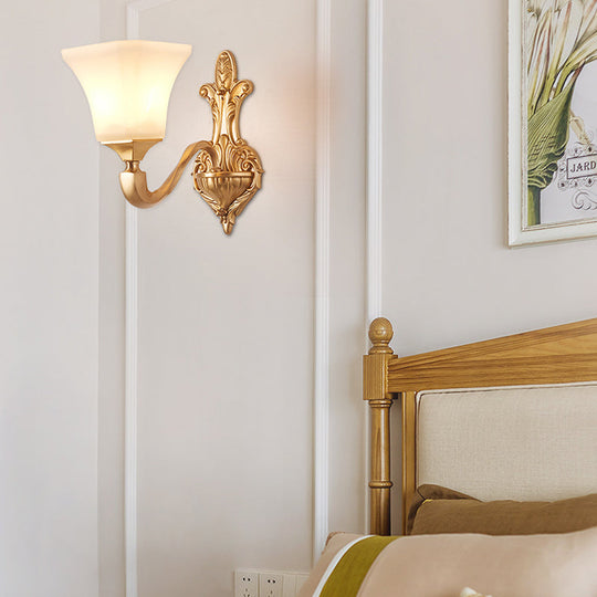 Traditional Half-Bulb Brass Wall Sconce With Bell Shade & Frosted Glass