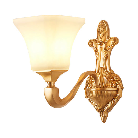 Traditional Half-Bulb Brass Wall Sconce With Bell Shade & Frosted Glass