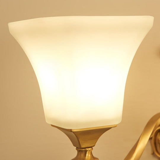 Traditional Half-Bulb Brass Wall Sconce With Bell Shade & Frosted Glass