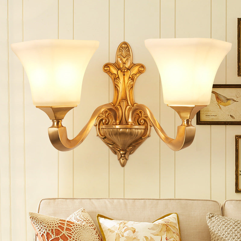 Traditional Half-Bulb Brass Wall Sconce With Bell Shade & Frosted Glass