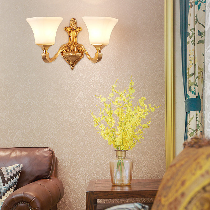 Traditional Half-Bulb Brass Wall Sconce With Bell Shade & Frosted Glass