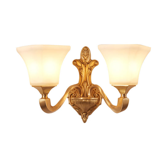 Traditional Half-Bulb Brass Wall Sconce With Bell Shade & Frosted Glass