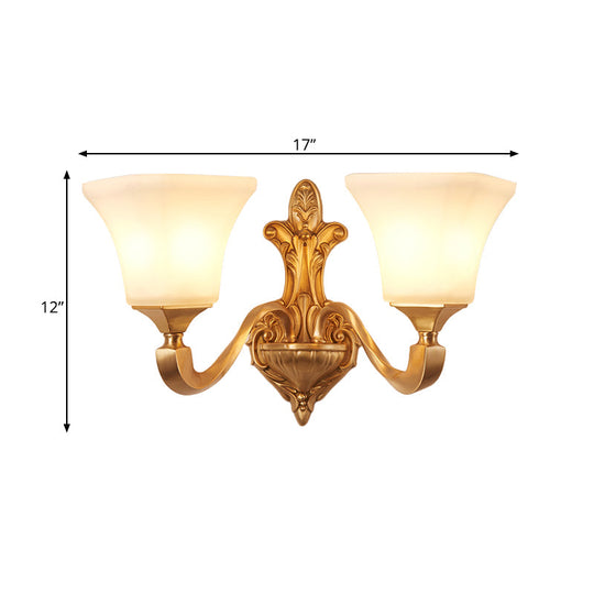 Traditional Half-Bulb Brass Wall Sconce With Bell Shade & Frosted Glass