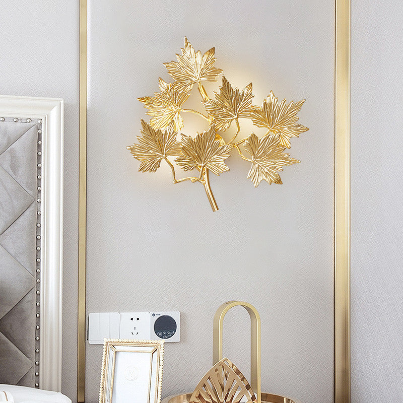 Contemporary Gold Wall Mount Sconce With 3 Lights - Aluminum Maple Leaf Design For Stairway