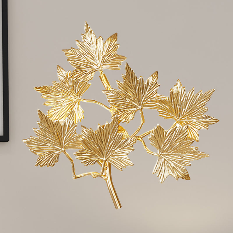 Contemporary Gold Wall Mount Sconce With 3 Lights - Aluminum Maple Leaf Design For Stairway