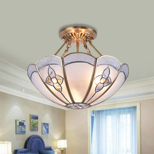 Antique Scalloped Bedroom Semi Flush Mount with Frosted Glass Shade - 4 Bulb Brass Ceiling Light