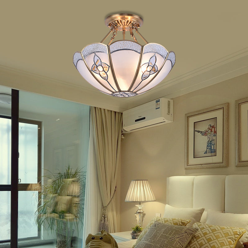 Antique Scalloped Bedroom Semi Flush Mount with Frosted Glass Shade - 4 Bulb Brass Ceiling Light