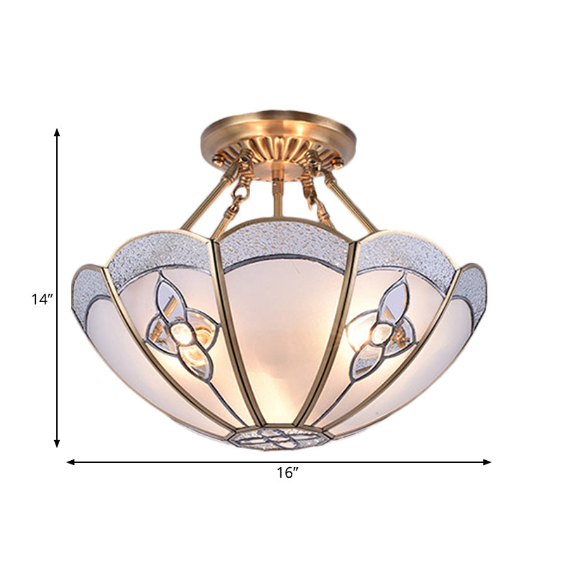 Antique Scalloped Bedroom Semi Flush Mount with Frosted Glass Shade - 4 Bulb Brass Ceiling Light