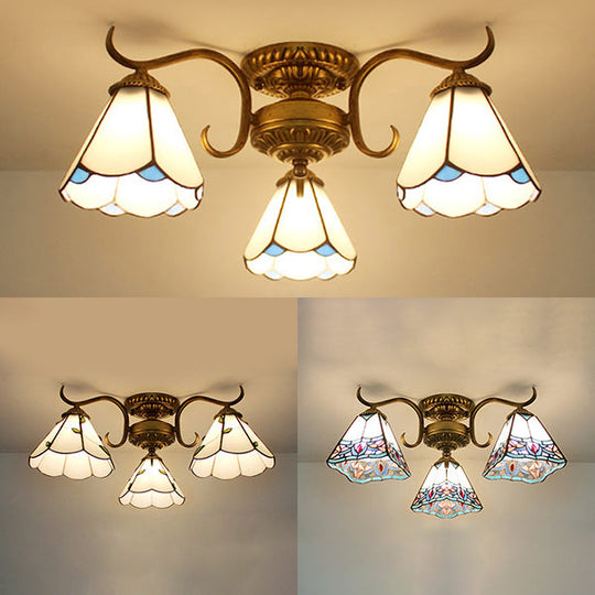 White Stained Glass Ceiling Light with Leaf/Flower/Diamond Pattern - 3-Light Semi Flushmount