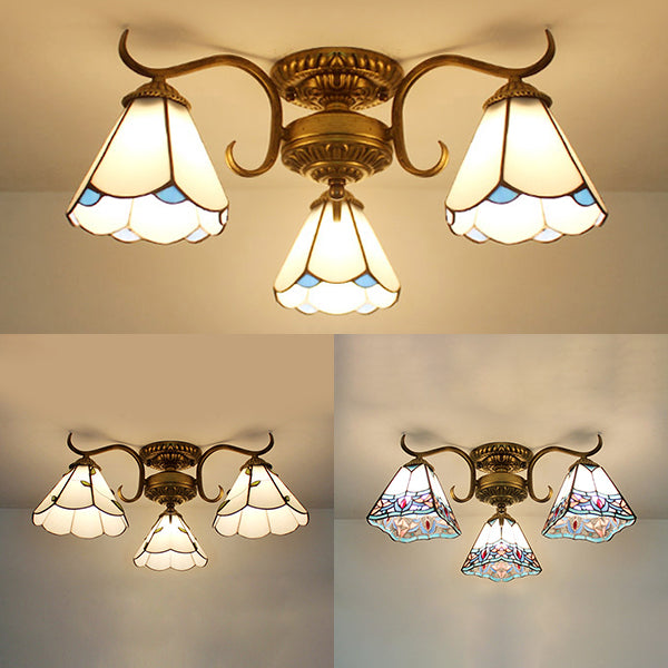 White Stained Glass Ceiling Light With Leaf/Flower/Diamond Pattern - 3-Light Semi Flushmount